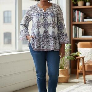 Style & Co. Women's Patterned Bell Sleeve Peplum Blouse